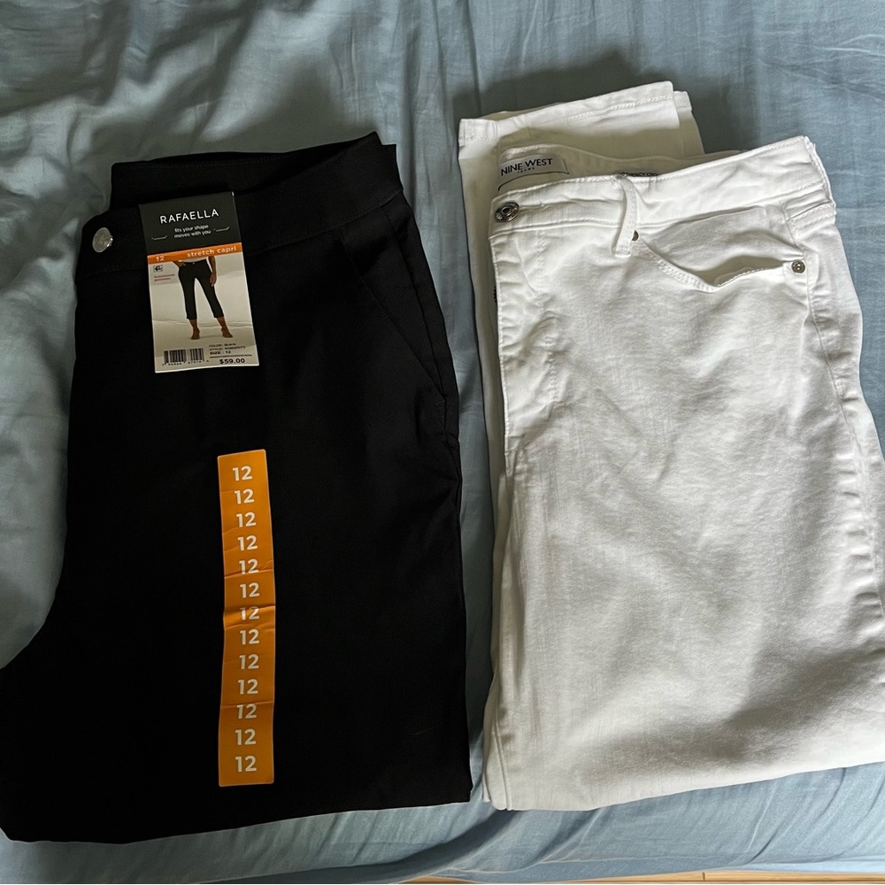 3/$12

Nine West White Cropped Pants and Rafaella cropped stretch black pants.
